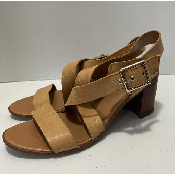 Franco Sarto Helga Sandals Tan Brown Leather Stacked Block Heel Women's Size 9.5 - Picture 2 of 10